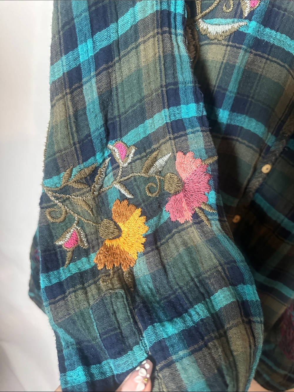 Johnny Was Teal & Green Plaid Button-Down with Floral Embroidery - Picture 4 of 9